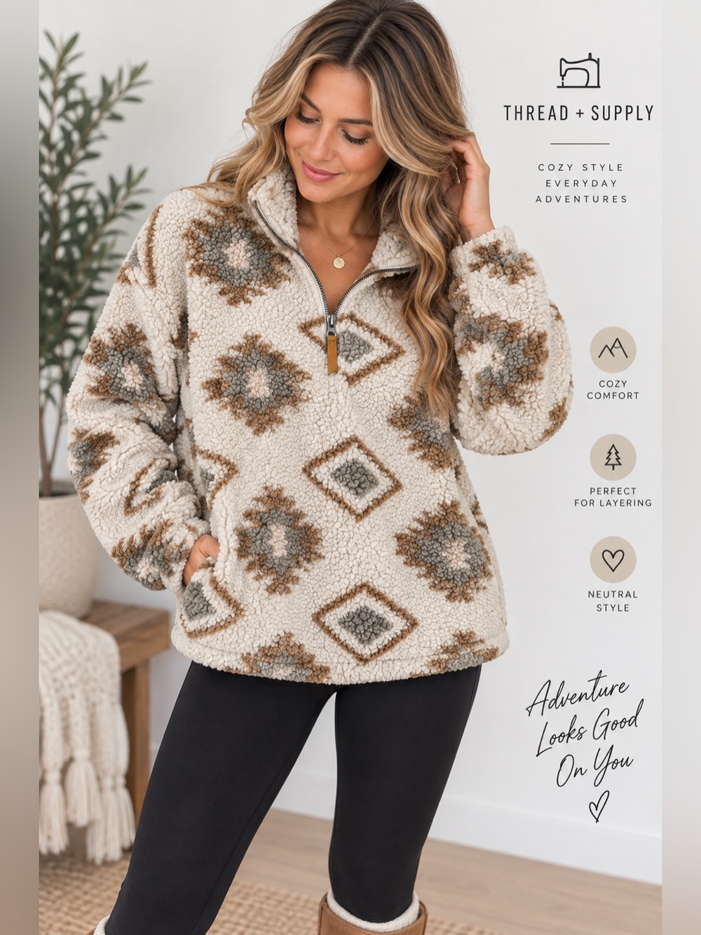 441 Thread + Supply XS Southwestern Sherpa Fleece Quarter Zip Pullover Jacket